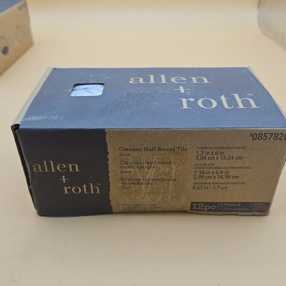Box of 12 Allen + Roth Blue Glazed Glossy Ceramic Half Round Wall Tile Trim 6